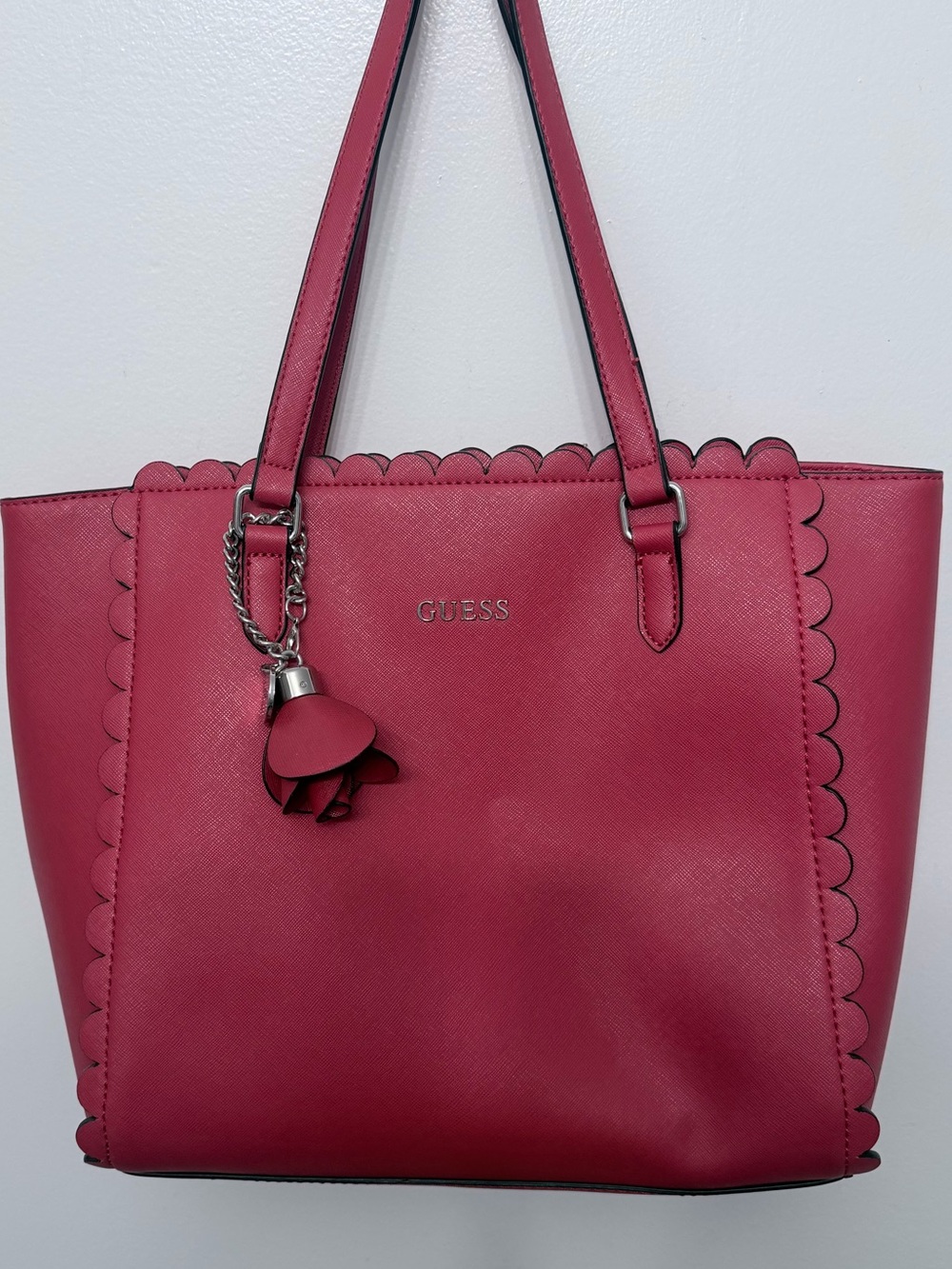 GUESS Red Scalloped Charm Tote